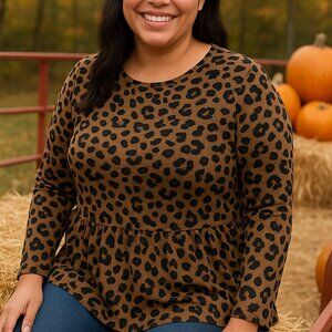 Time & Tru Women’s Leopard Print Peplum Top‎ Size 1X